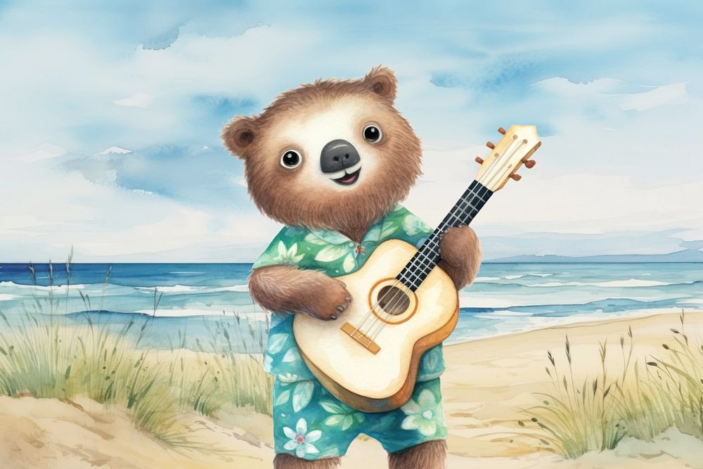 Cartoon guitarist watercolor animal character illustration, editable design