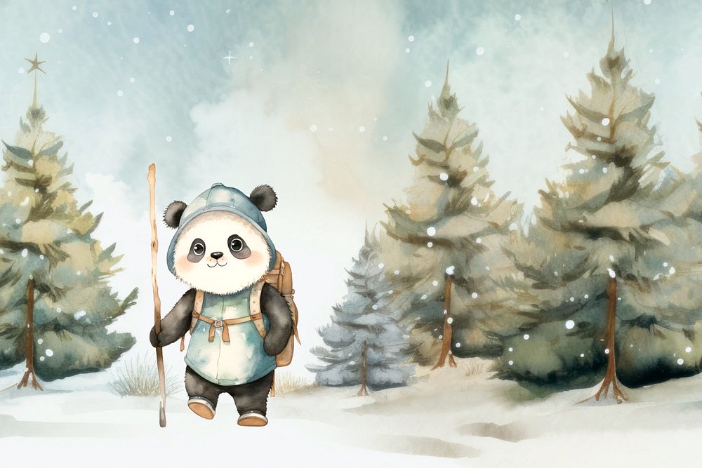 Cartoon panda trekking watercolor animal character illustration, editable design