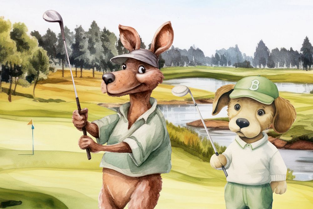 Cartoon golfer watercolor animal character illustration, editable design