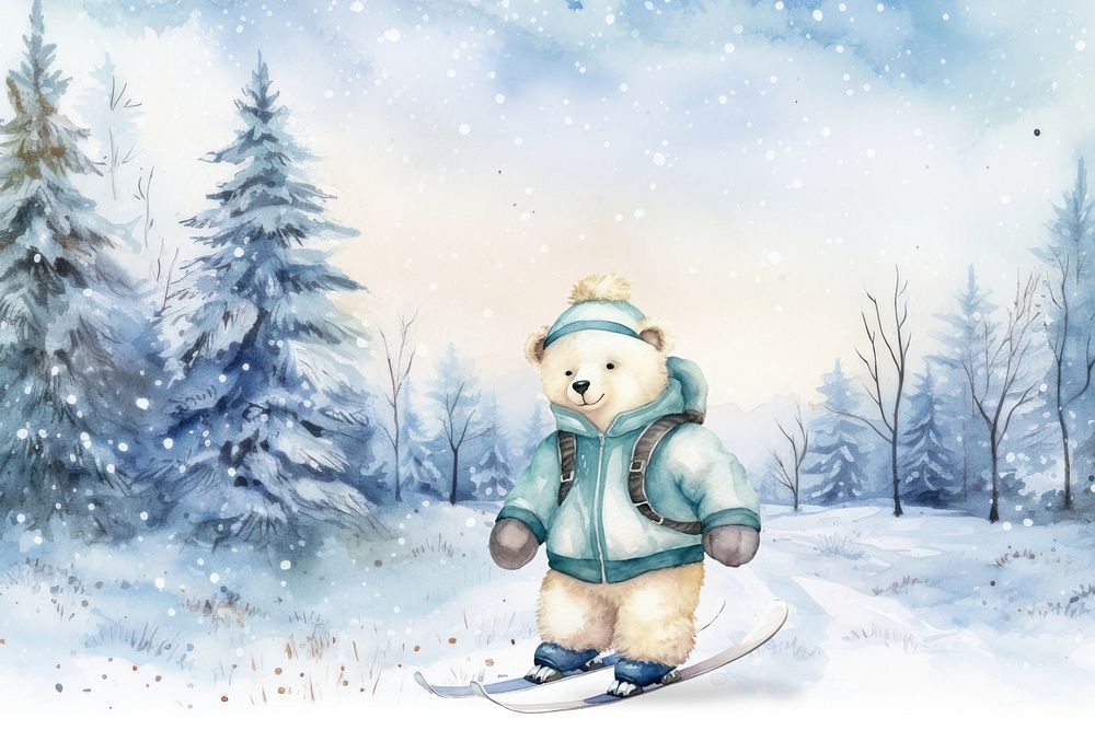 Cartoon bear skiing watercolor animal character illustration, editable design