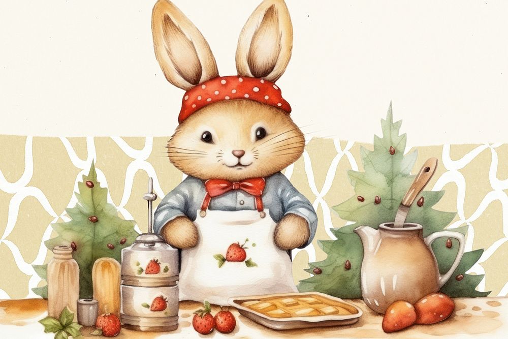 Cartoon bunny baker watercolor animal character illustration, editable design