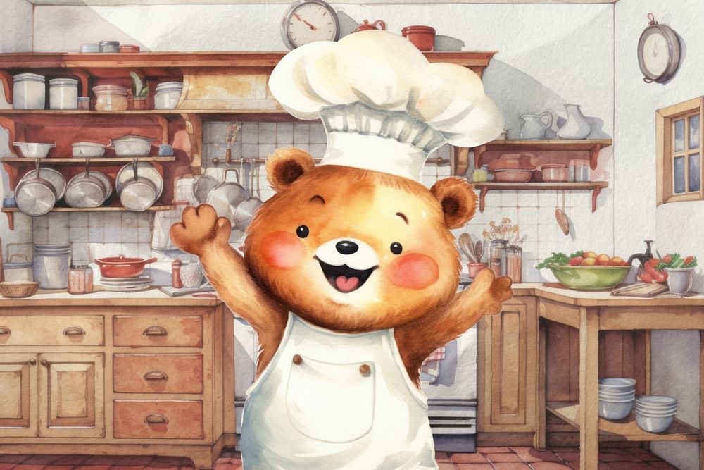 Cartoon bear chef watercolor animal character illustration, editable design