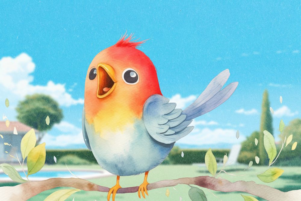 Cartoon singing bird watercolor animal character illustration, editable design