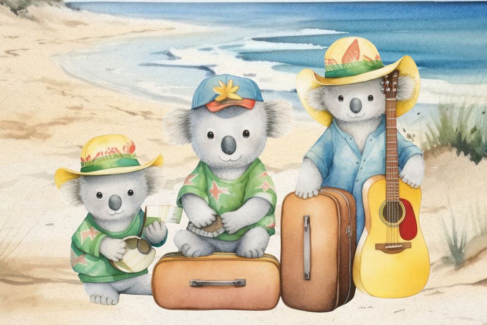 Cartoon koala musicians watercolor animal character illustration, editable design