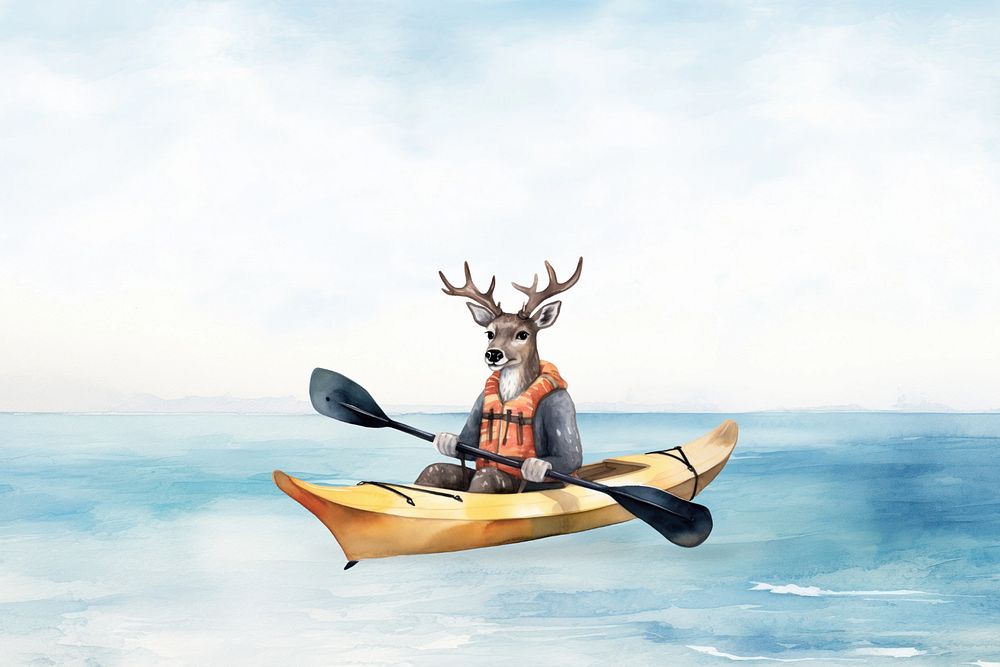 Cartoon deer canoeing watercolor animal character illustration, editable design