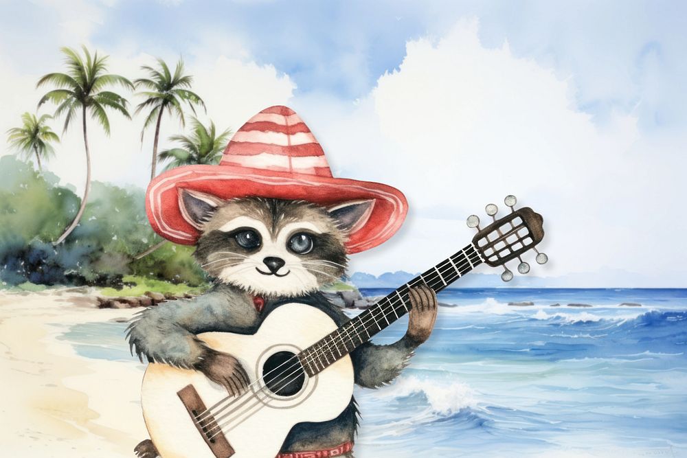 Cartoon beach raccoon watercolor animal character illustration, editable design