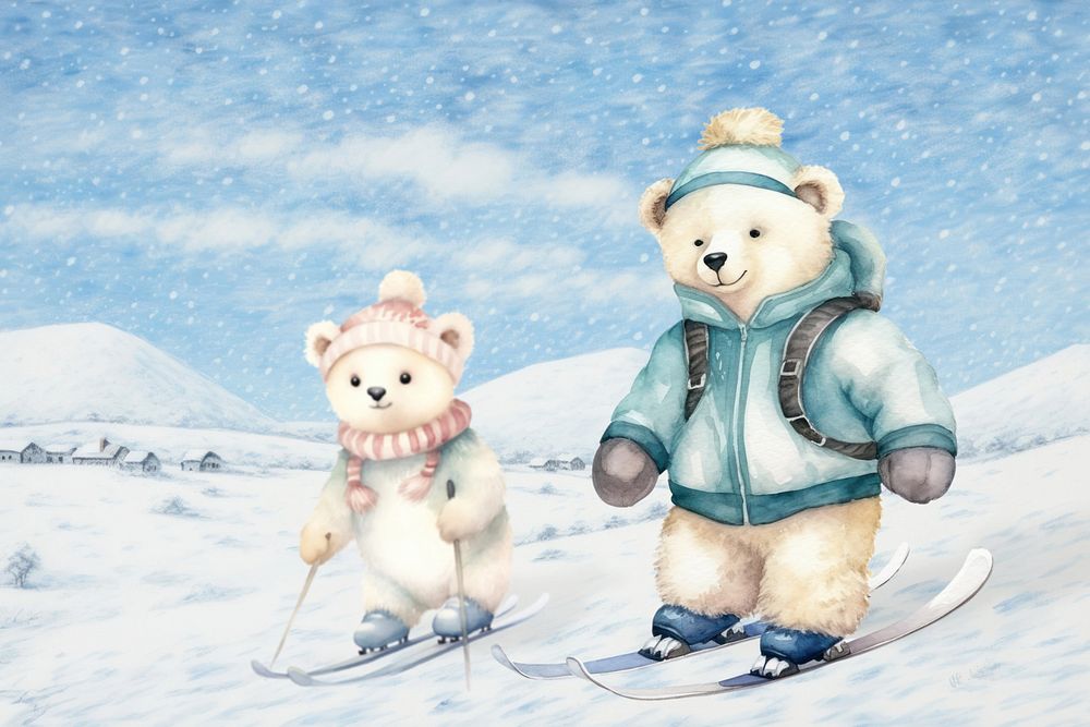 Cartoon bear skiing watercolor animal character illustration, editable design