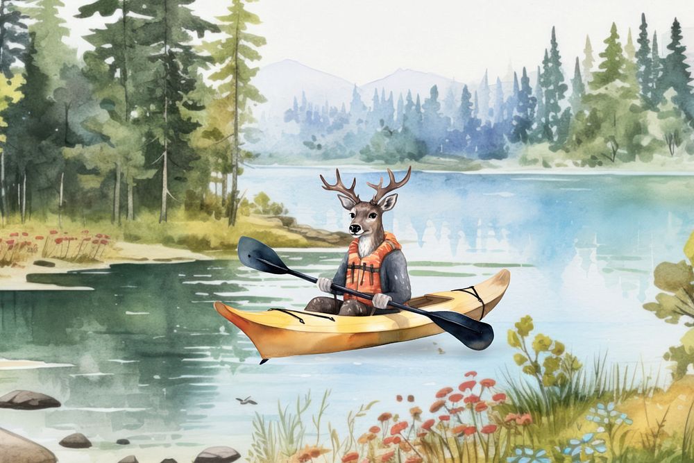 Cartoon deer canoeing watercolor animal character illustration, editable design