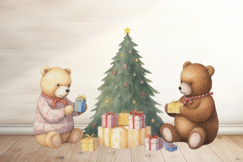 Cartoon Christmas unboxing watercolor animal character illustration, editable design