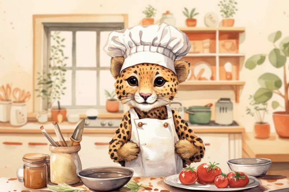 Cartoon chef cheetah watercolor animal character illustration, editable design