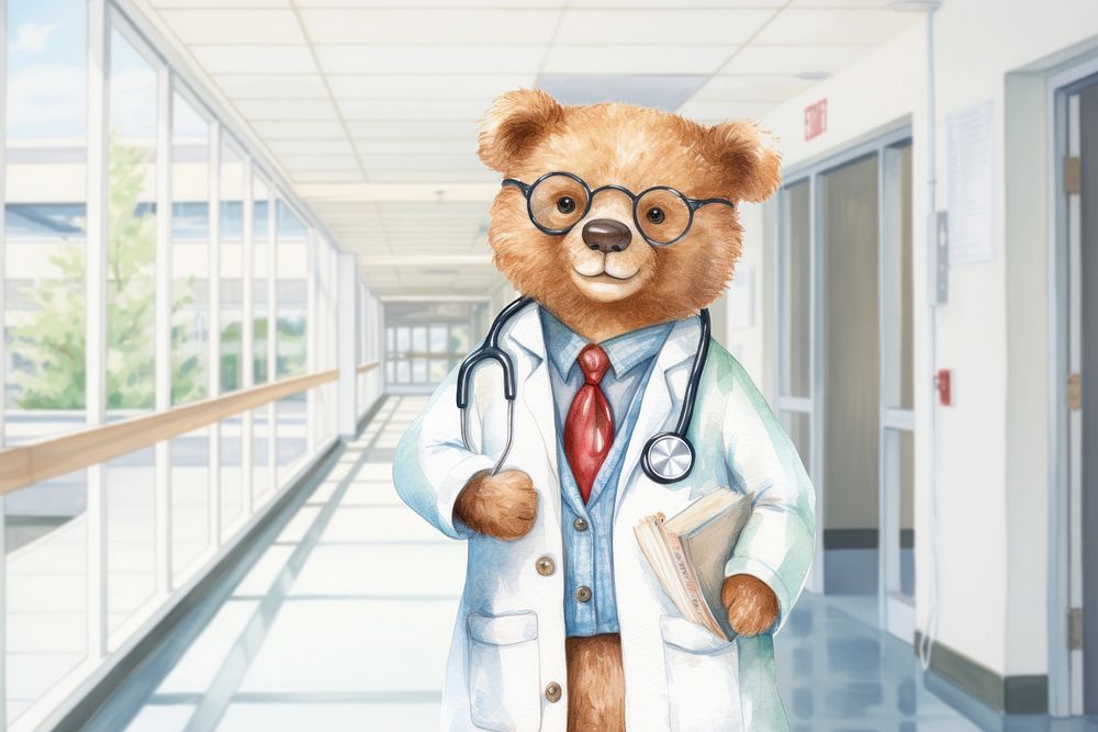 Cartoon bear doctor watercolor animal character illustration, editable design