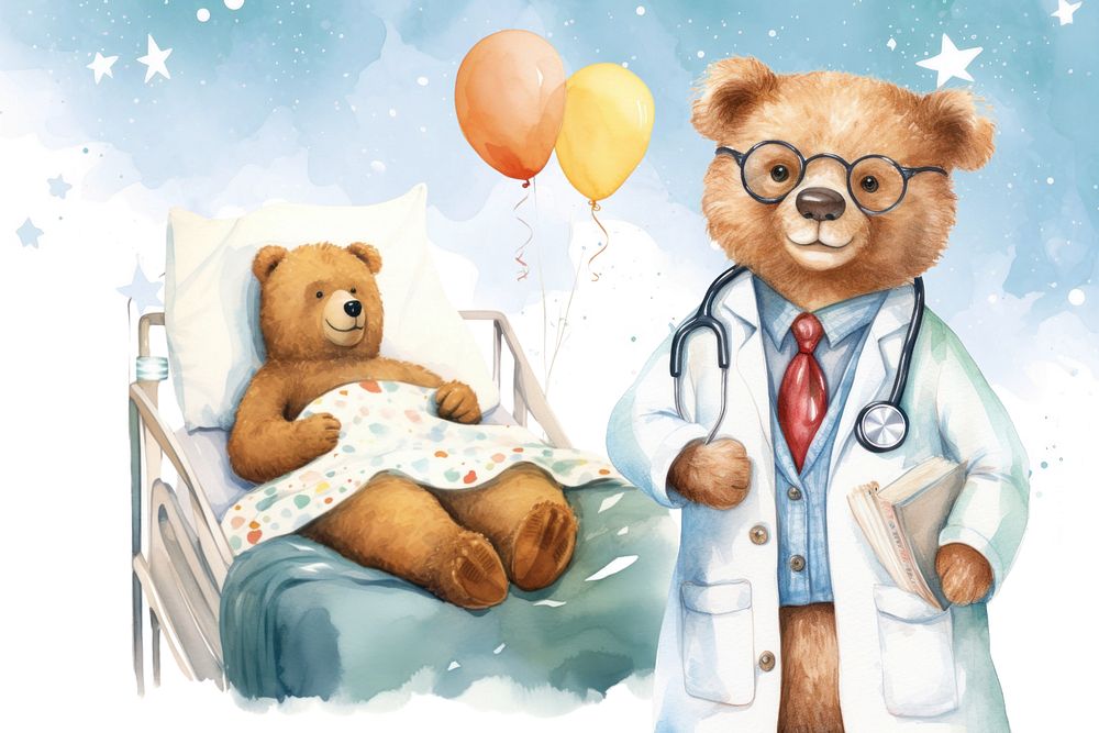 Cartoon bear doctor watercolor animal character illustration, editable design