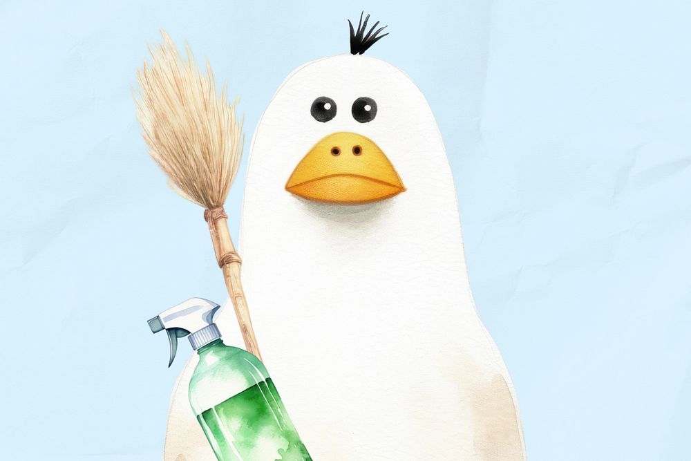 Cartoon duck cleaner watercolor animal character illustration, editable design