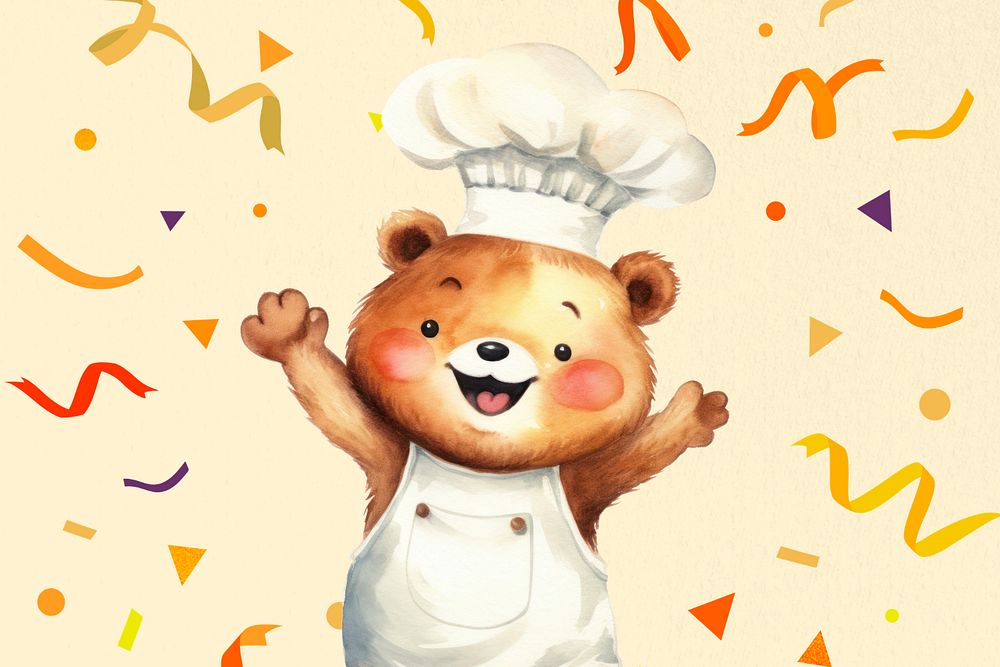 Cartoon bear chef watercolor animal character illustration, editable design