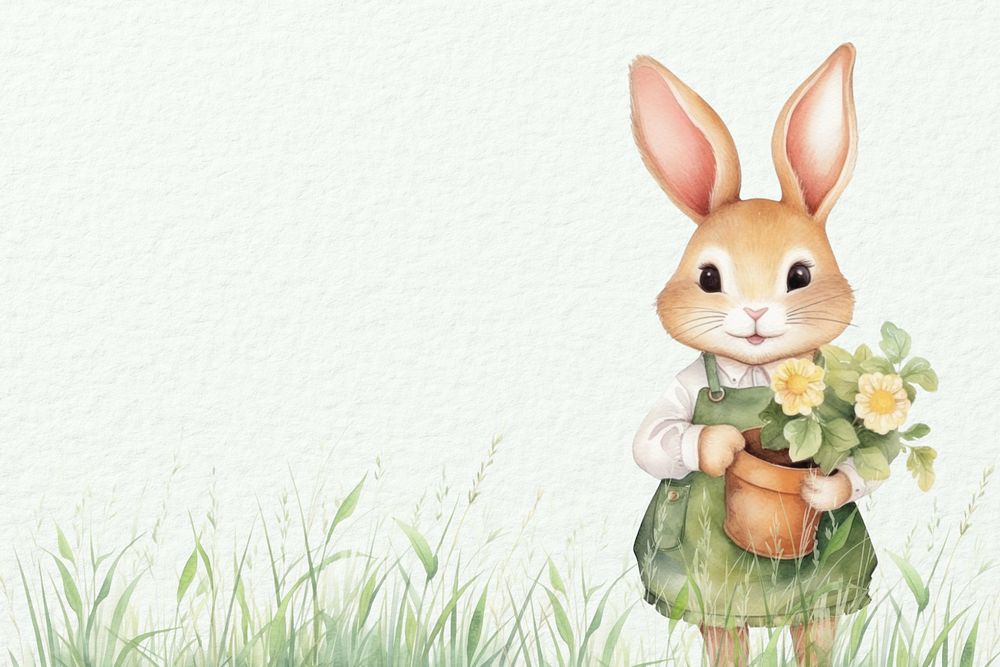 Cartoon bunny gardener background watercolor animal character illustration, editable design