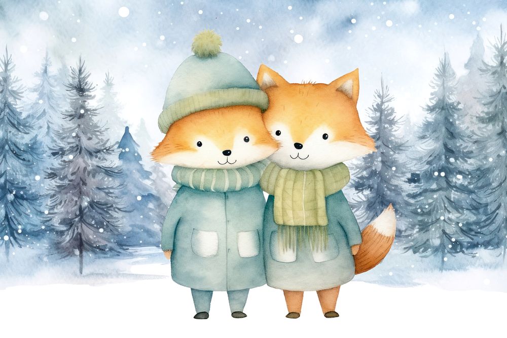 Cartoon winter foxes watercolor animal character illustration, editable design
