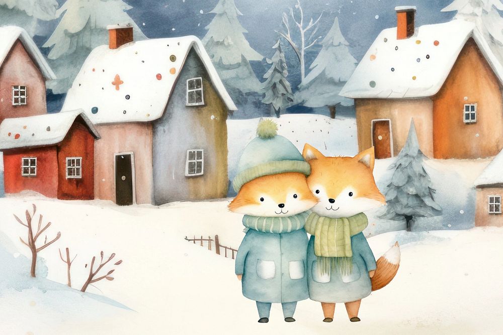 Cartoon winter travel watercolor animal character illustration, editable design