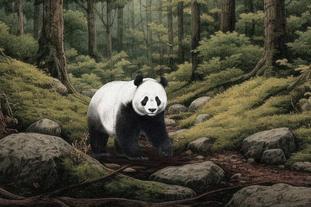 Panda bear in the woods, digital art editable remix