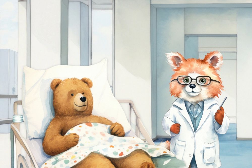 Cartoon healthcare watercolor animal character illustration, editable design