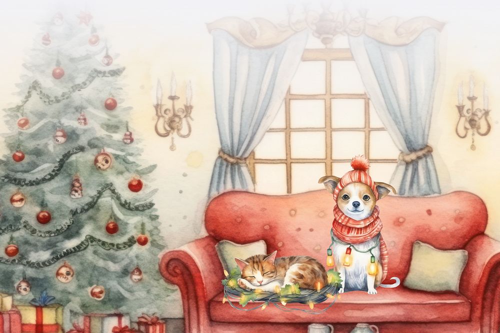 Cartoon Christmas cute pet watercolor animal character illustration, editable design