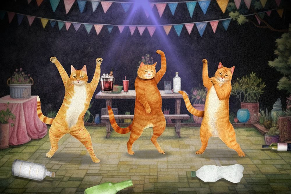 Dancing cat at party, digital art editable remix