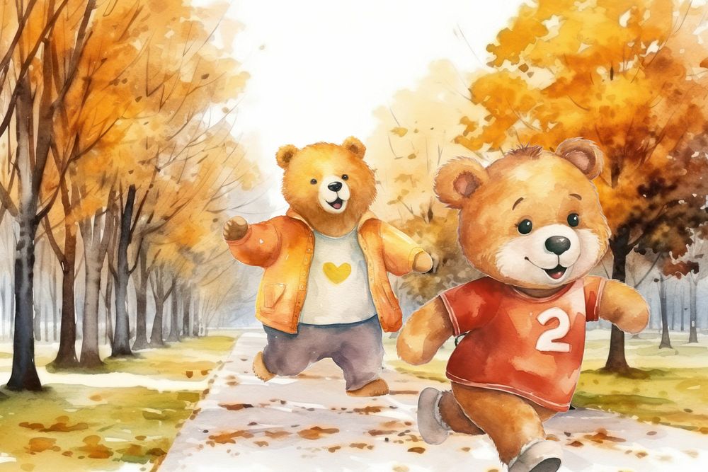 Cartoon jogging watercolor animal character illustration, editable design