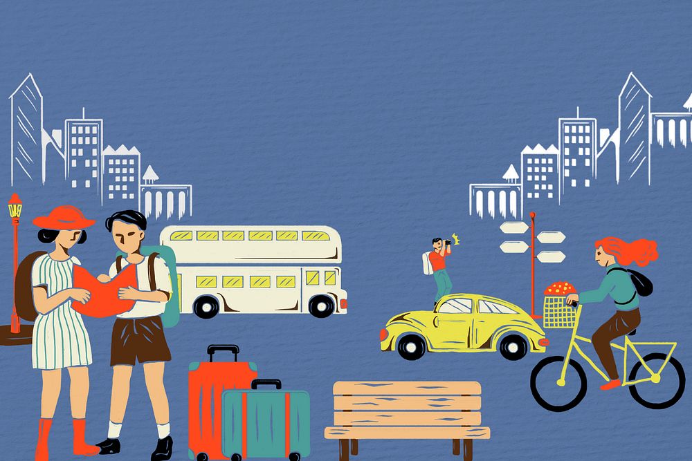 Blue City travel background, retro illustration