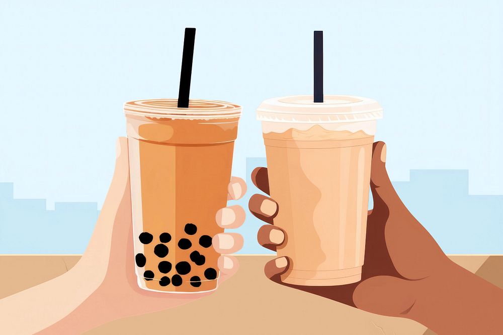 Milk tea drinking aesthetic vector illustration, editable design