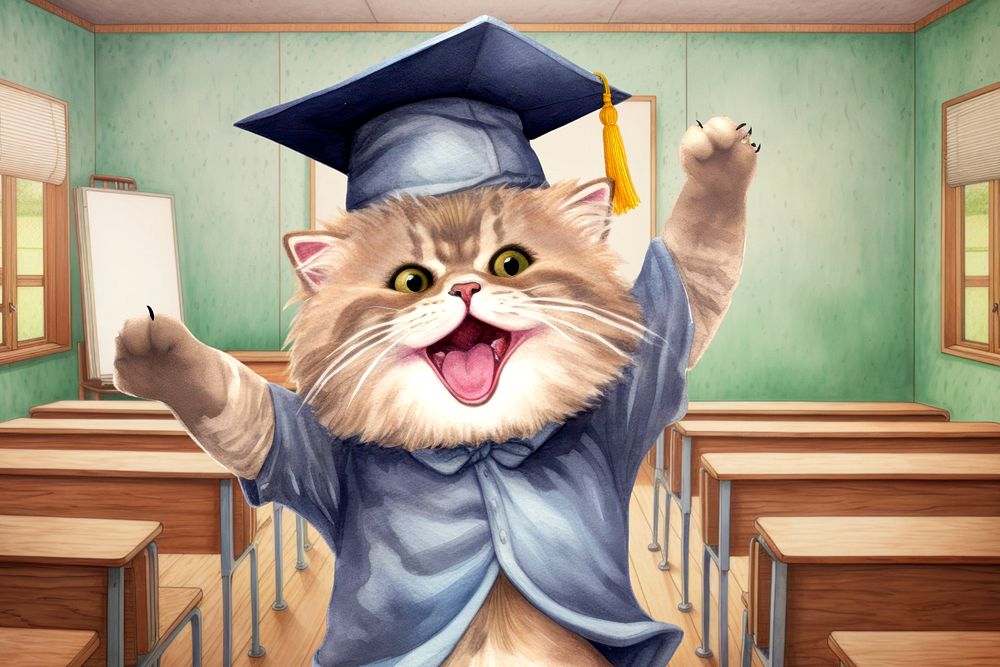 Graduate cat student, education editable remix