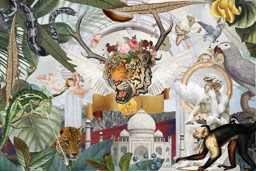 Vintage fantasy animal collage illustration editable design