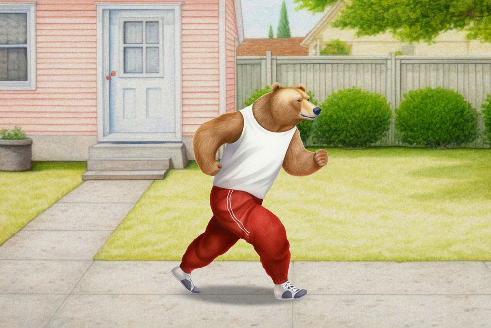 Grizzly bear jogging in gym clothes, digital art editable remix