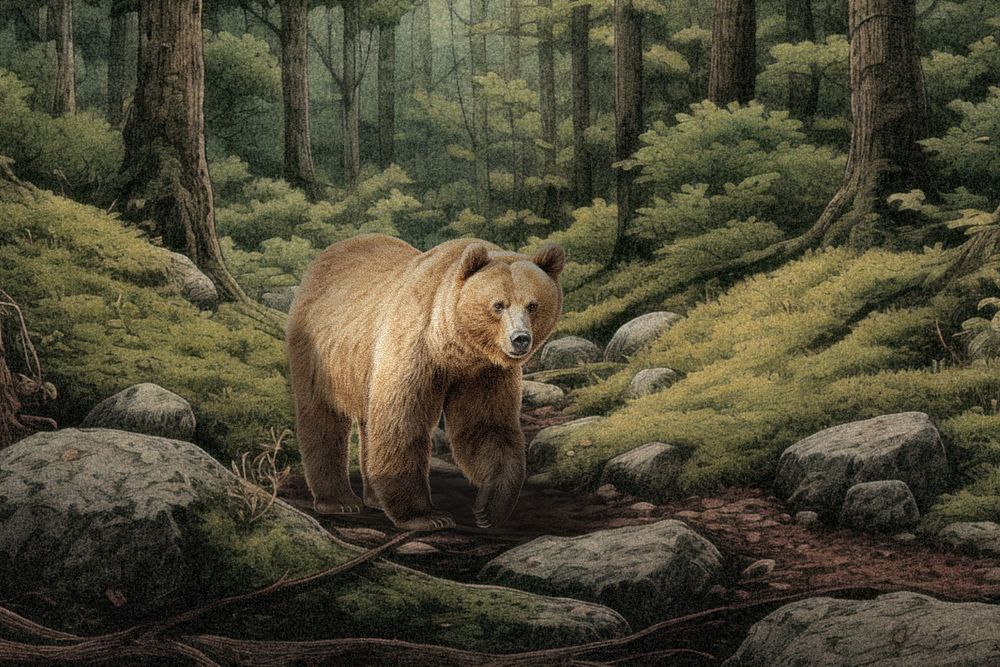 Grizzly bear in the woods, digital art editable remix