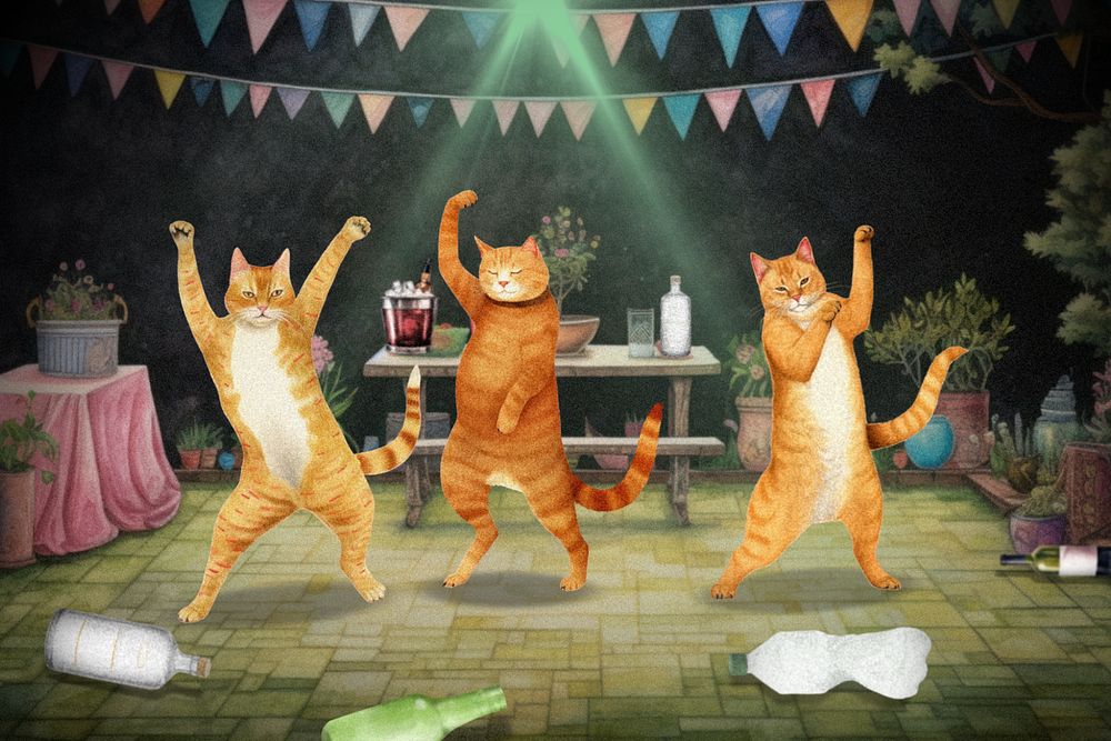 Dancing cat at party, digital art editable remix