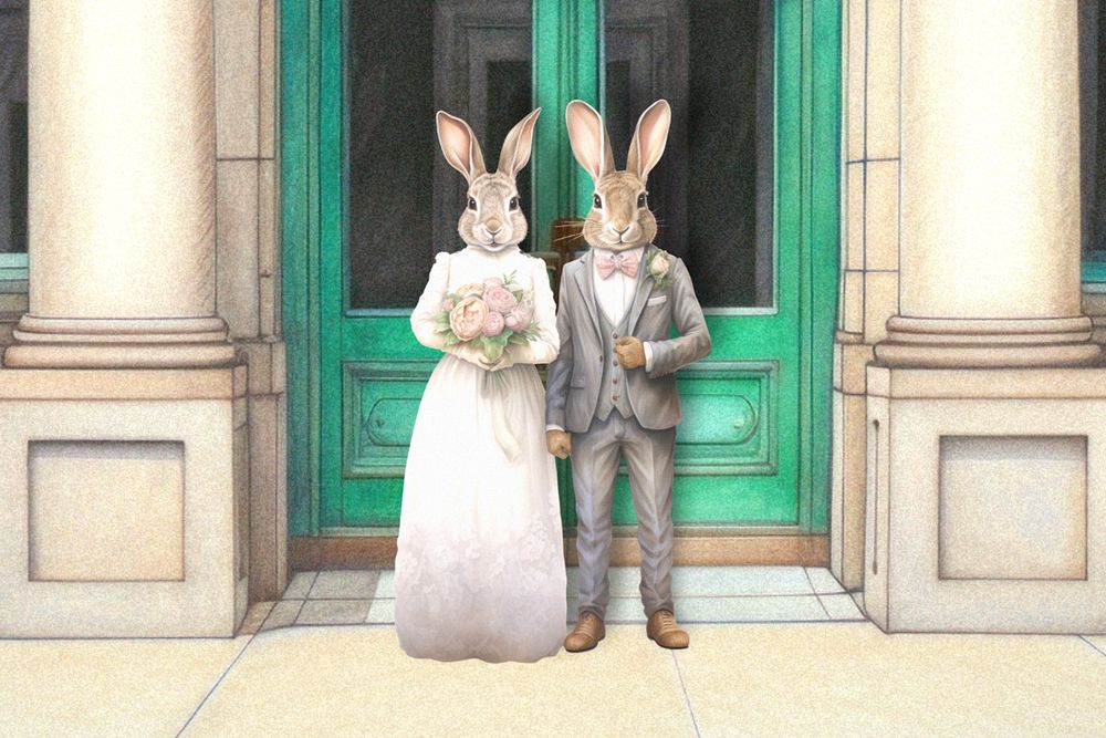 Bunny bride & groom, wedding digital art editable remix