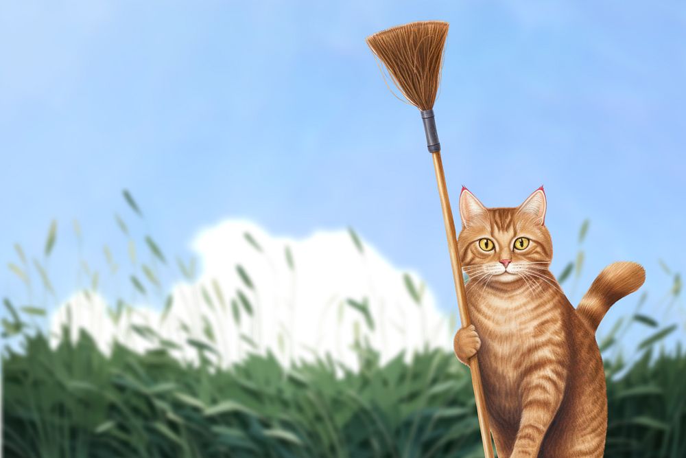 Cat holding broom, digital art editable remix