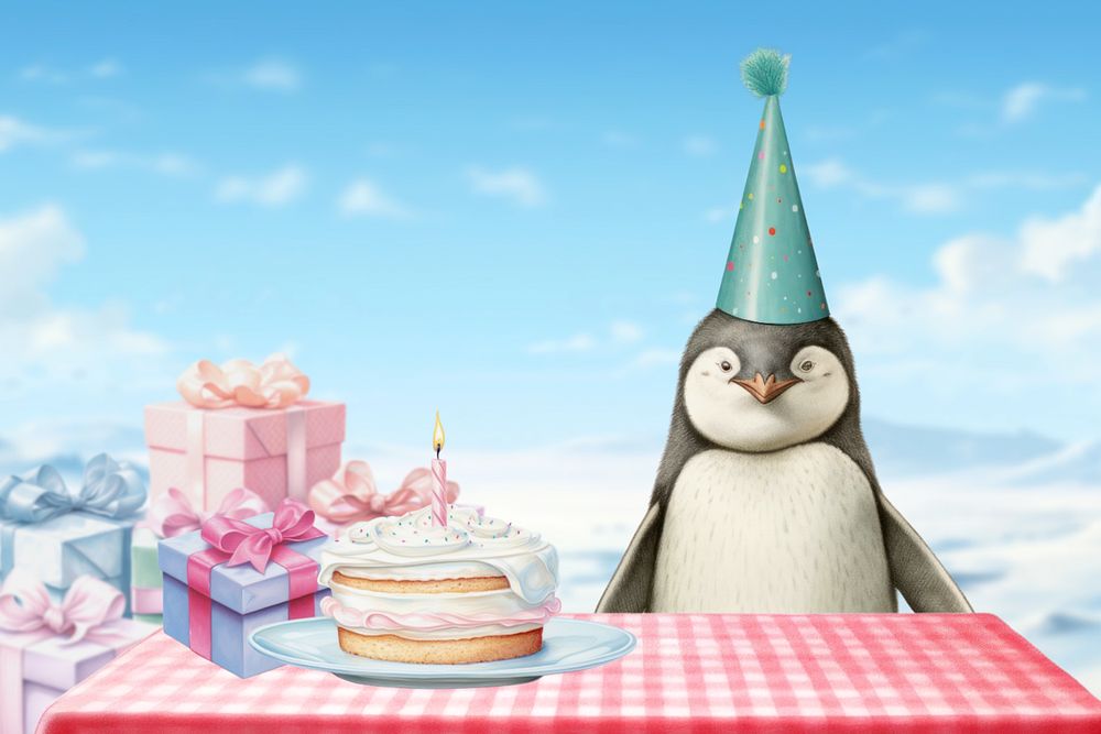 Birthday picnic penguin, digital art editable remix