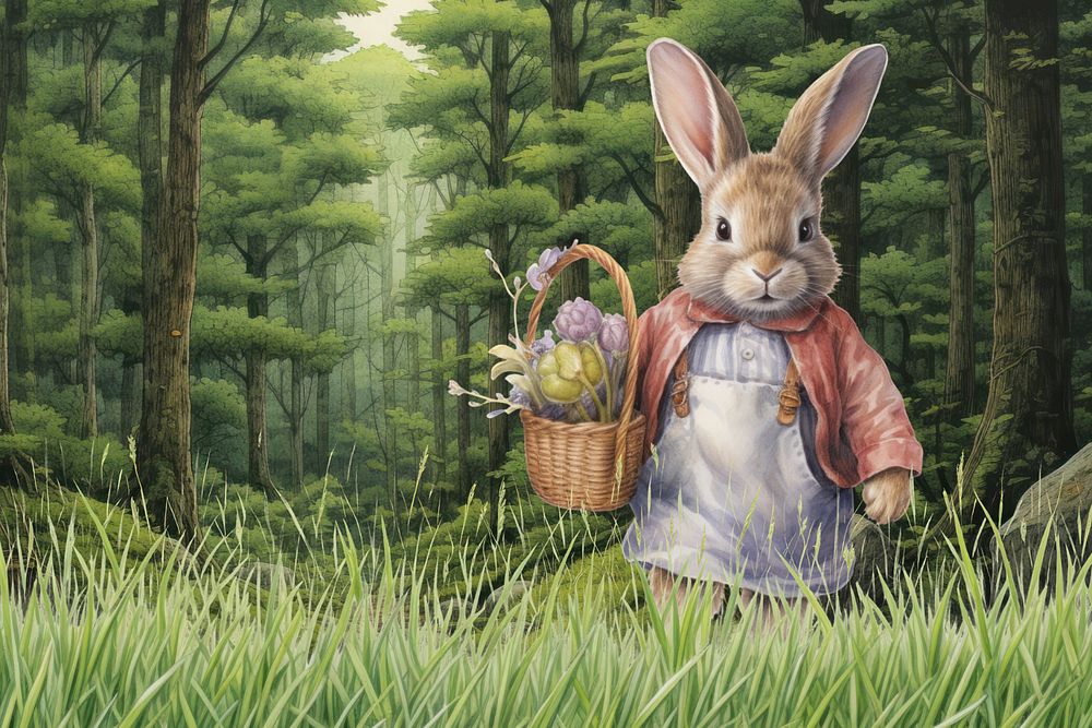 Bunny carrying vegetable basket, digital art editable remix