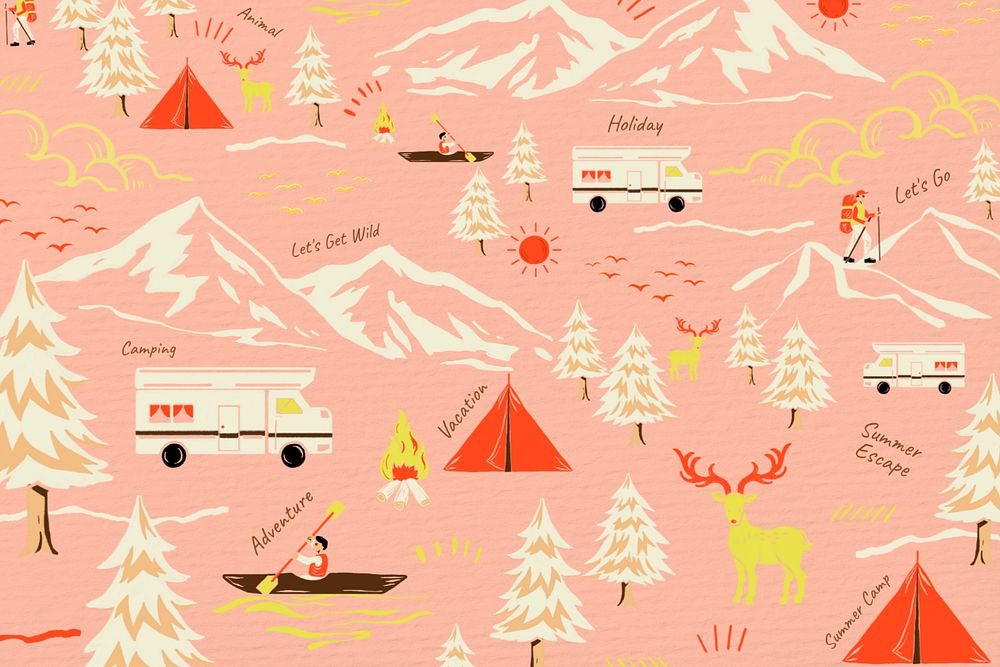 Pink Winter travel pattern, retro illustration