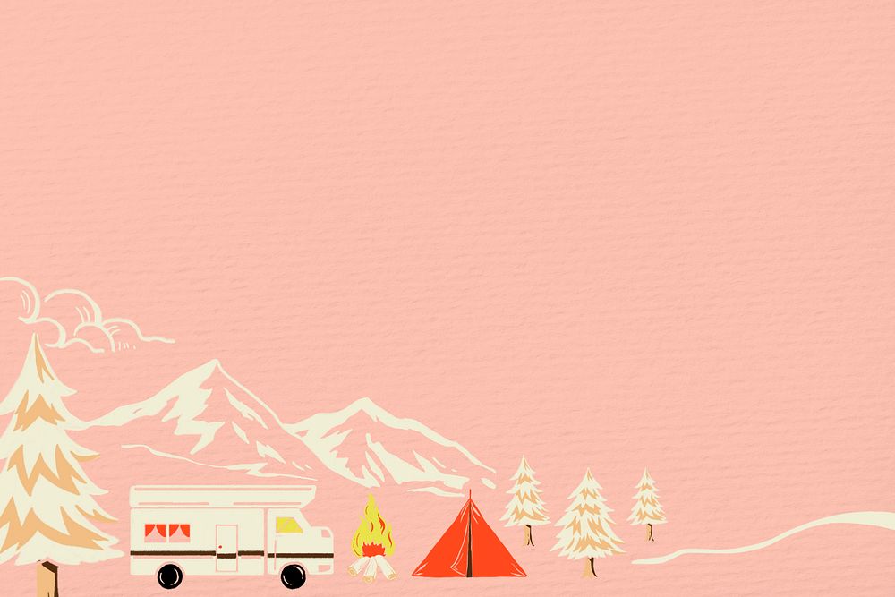 Pink Winter travel background, retro illustration