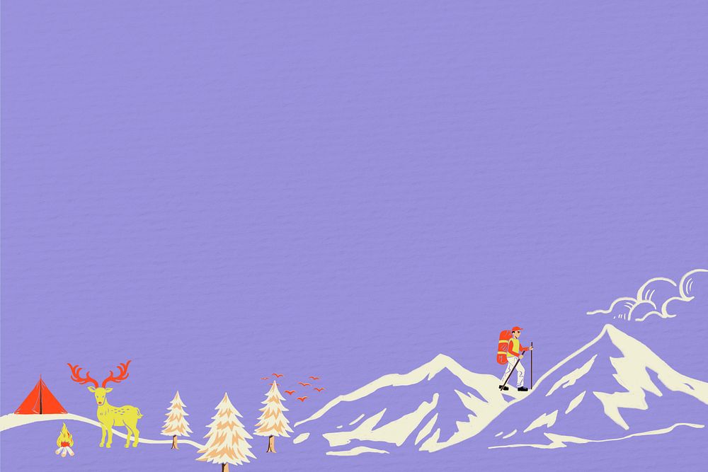 Winter travel purple background, retro illustration