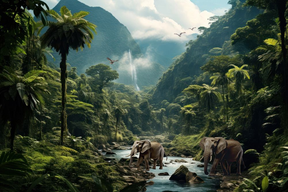 Jungle & elephants animal wildlife nature remix, editable design