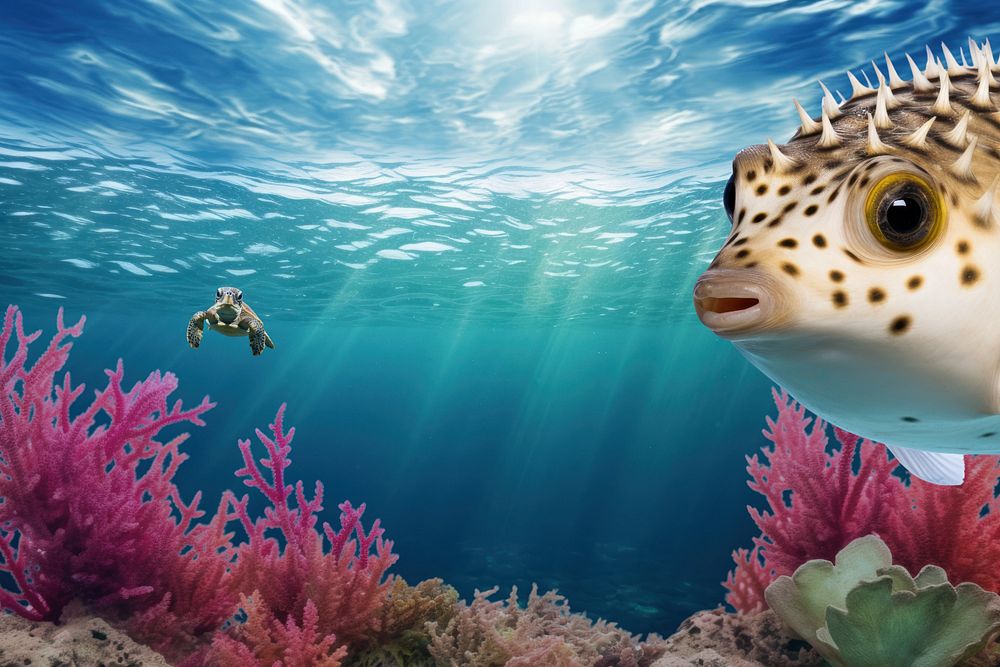 Pufferfish marine life nature remix, editable design