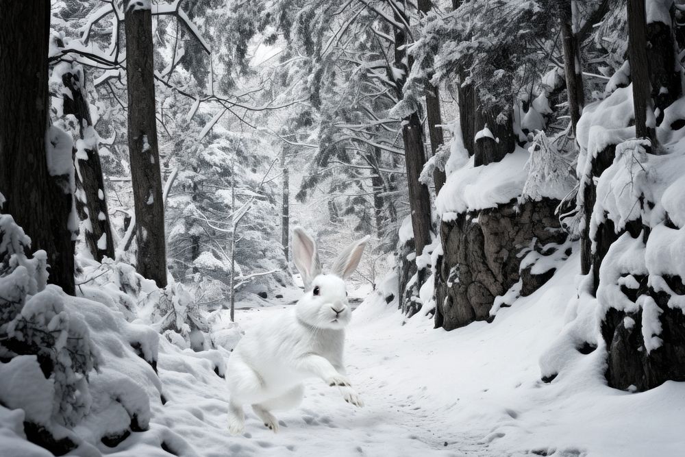 White rabbit snow woodland nature remix, editable design