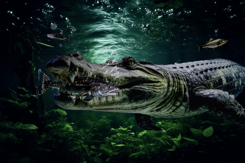 Crocodile swimming marine life nature remix, editable design