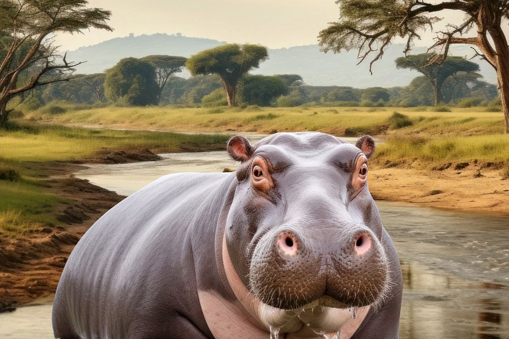 Hippopotamus animal wildlife nature remix, editable design