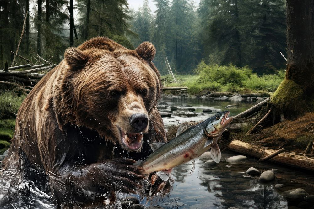 Bear & fish animal wildlife nature remix, editable design