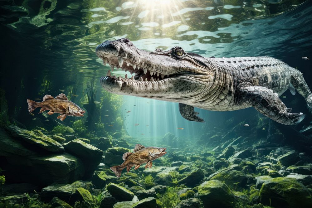 Crocodile swimming marine life nature remix, editable design