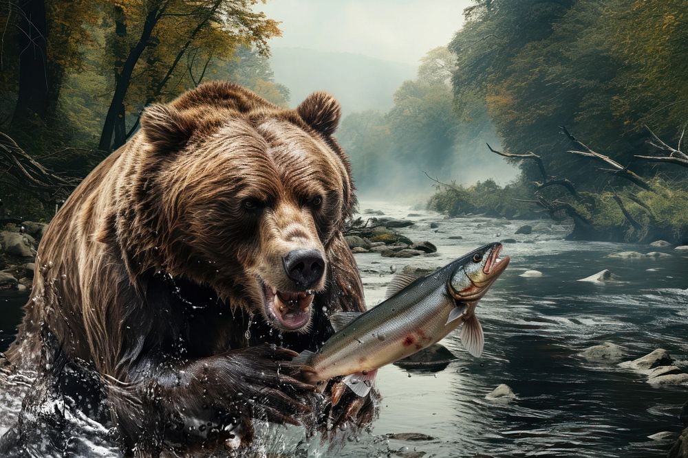 Bear hunting fish animal wildlife nature remix, editable design