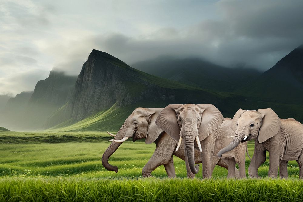 Elephants walking animal wildlife nature remix, editable design