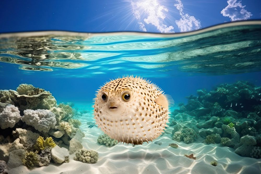 Pufferfish marine life nature remix, editable design